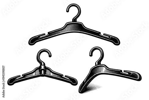 Plastic clothes hanger, a realistic plastic hanger presented in front view, underside view, and angled view as three object studies highlighting molded form