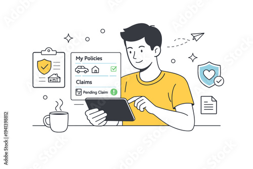 Digital insurance management. Clean scene of a user reviewing insurance policies and claims on a tablet or laptop, showing simplicity and accessibility. Calm,