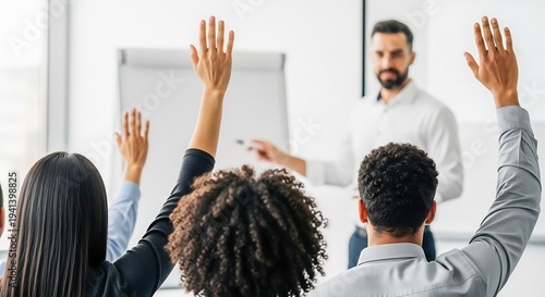 Medical Training Session with Students Raising Hands