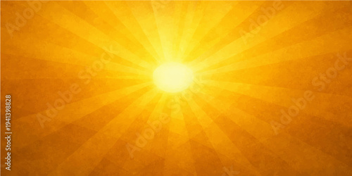 A vibrant summer sunburst design featuring bright orange and yellow rays exploding across a warm sunny sky during a glowing sunrise illustration