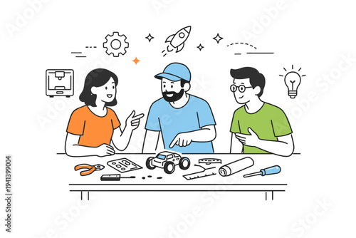 Maker space collaboration. Small group discussing a project next to a table with tools and materials, pointing and sharing ideas. Calm teamwork and hands-on