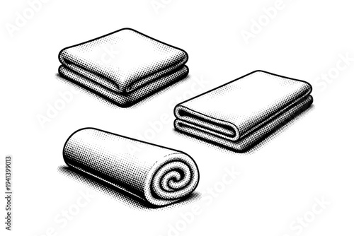 Hand towel ? compact guest hand towel with smooth weave and squared proportions, represented folded square, folded rectangle, and rolled presentation as form