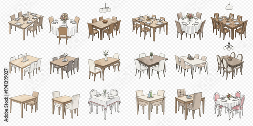 Collection of various dining tables and chairs, elegantly set for meals, in different styles and configurations.