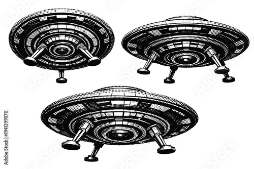 UFO underside ? A detailed UFO underside shown as one object in three different orientations, concentrating on concentric structures, landing elements, and
