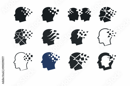 memories fading (dementia theme). Icon set. Set Logo of memories fading (dementia theme): fragmented head profile. harmonious logo variations of the same