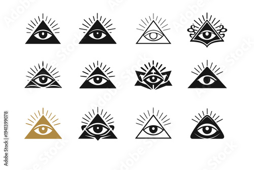 divine presence. Icon set. Set Logo of divine presence: eye of providence. harmonious logo variations of the same emblematic concept, each with different