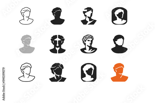 Sculpture. Icon set. Set Logo of Sculpture: classical bust. harmonious logo variations of the same emblematic concept, each with different artistic