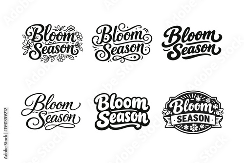 Bloom Season. Set lettering. harmonious lettering variations of the same emblematic concept, each with different artistic interpretation (Decorative floral or