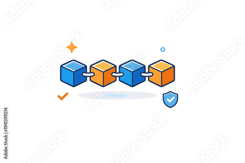 Blockchain digital blocks represented by a small chain of connected cubes floating in balance, conveying trust decentralization and transparent data structure.