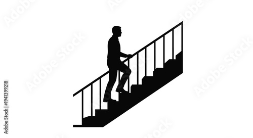 A man ascends stairs depicted as a striking black silhouette