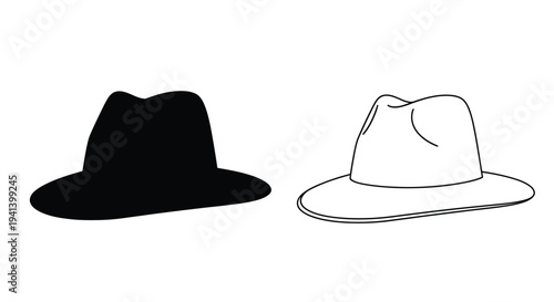 Two hats are depicted one a dark striking silhouette