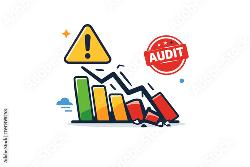 Carbon accounting fraud as a regulatory risk visualized by an emissions chart collapsing under a warning triangle and audit stamp, communicating consequences