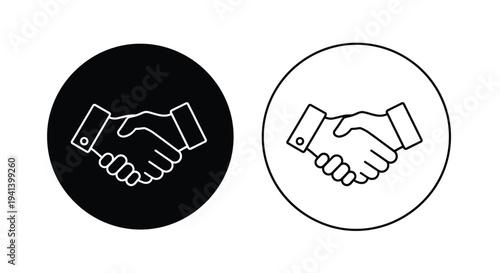 Two circular handshake icons one filled and one outlined silhouette