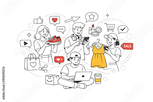 Social Commerce Culture. Group of young consumers influenced by likes, shares, and recommendations, products emerging from social feeds. Energetic