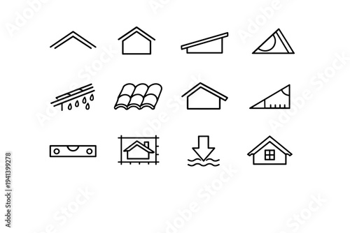 Roof Slope. Line icon set of Roof Slope: pitched roof, gable roof, shed roof, roof angle, rain runoff, roof tiles, house profile, slope measurement,