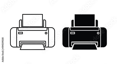 Two printers one white and one black shown in outline silhouette