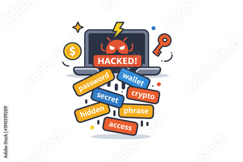 Seed phrase disaster related to digital insecurity visualized by a hacked screen icon where recovery words leak outward, representing exposure, theft, and