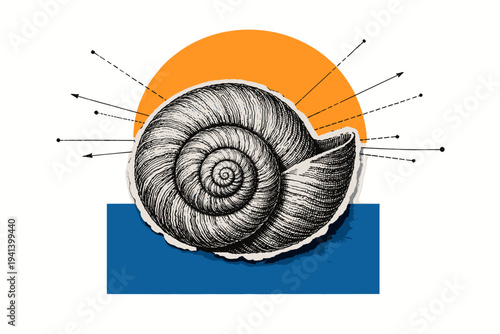 black and white close-up of spiral seashell engraving with fine etching texture, layered paper cut collage look, oversized warm orange semicircle rising behind