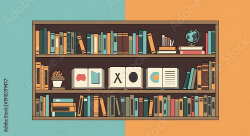 Colorful bookshelf with books and educational materials on a teal and orange background symbolizing learning and organization