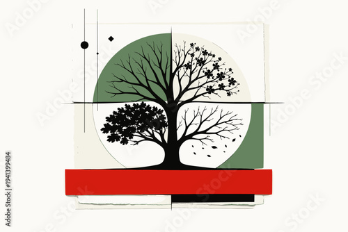Black and white minimalist tree silhouette with branches transforming across four quadrants into seasonal variations, rich muted green circular