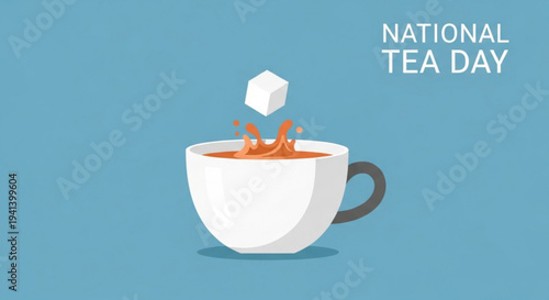 National tea day illustration with a white cup of tea and ice cube on blue background
