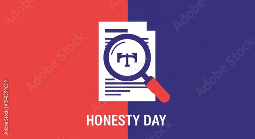 Honesty day concept with magnifying glass and gavel on documents symbolizing truth and integrity on a red and blue background