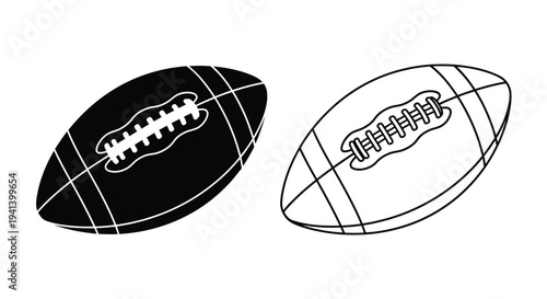 Two american footballs one solid and one outlined in black and white silhouette
