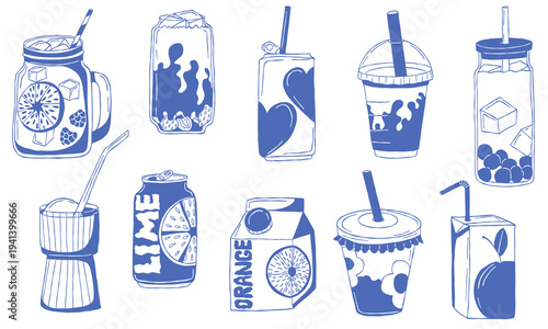 Refreshing drinks set with bubble tea, citrus juice, ice coffee, soda with ice cubes. Mediterranean blue line art hand drawn vector collection for packaging, branding, menus, design, stickers