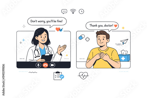 Online medical advice. A doctor and patient communicating through a video call interface, exchanging information and reassurance. Clean interface elements and