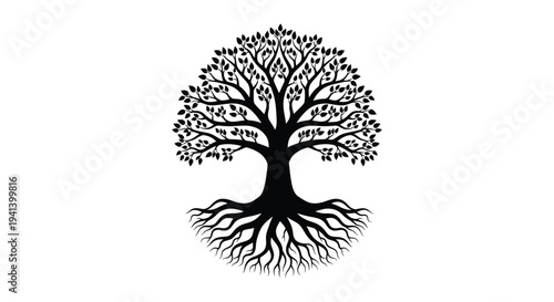 Detailed tree with expansive roots and full canopy silhouette