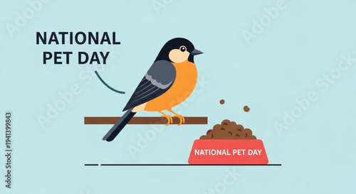 Bird perched on branch with pet food bowl for national pet day celebration