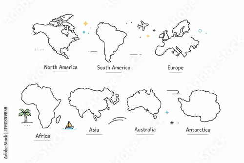 Continents infographic style. Individual continent shapes labeled with small, simple text or icons, arranged neatly for easy comparison. The illustration feels