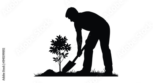 Gardener planting a small tree with a shovel black silhouette