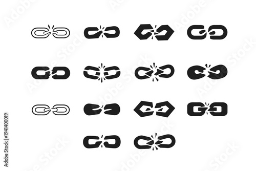 Life-altering realization. Icon set. Set Logo of life-altering realization: broken chain link. harmonious logo variations of the same emblematic concept, each