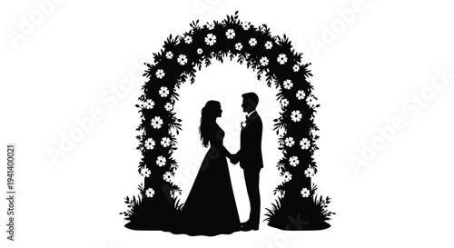 Couple exchanging vows under a floral archway striking black silhouette
