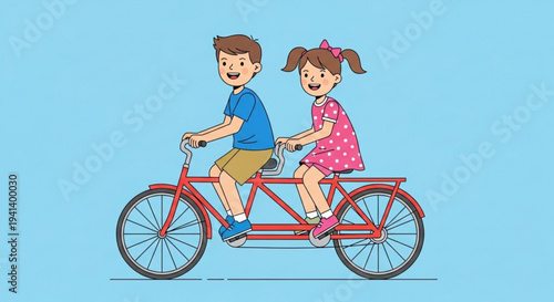 Two children riding tandem bicycle on blue background happy kids in casual clothes