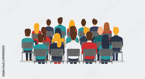 Audience members seated in rows facing forward flat design silhouette