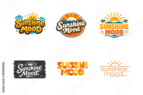 Sunshine Mood. Set lettering. harmonious lettering variations of the same emblematic concept, each with different artistic interpretation (Funky cartoon-style