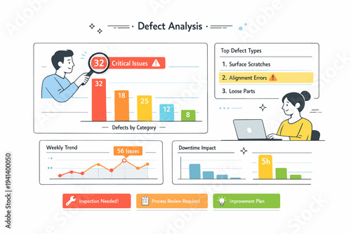 Defect analysis dashboard. Bar charts and highlighted data points identifying issues in a clear and structured way. The mood is analytical, focused, and
