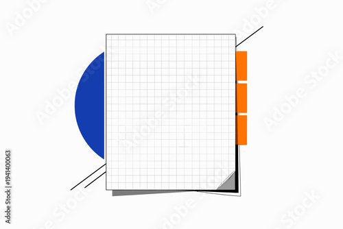 Black and white minimal grid notebook paper centered as main object, fine evenly spaced lines forming a clean structure, bold cobalt blue geometric circle