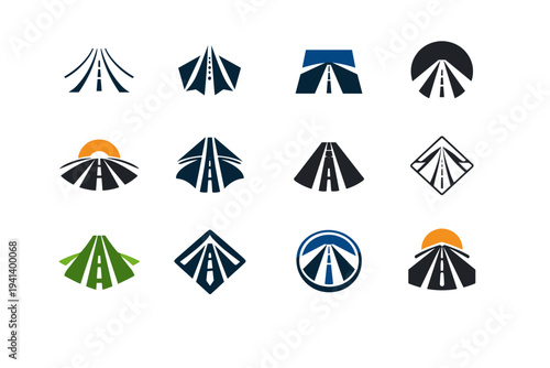 Toll road payment UI. Icon set. Set Logo of Toll road payment UI: highway road lanes icon. harmonious logo variations of the same emblematic concept, each with
