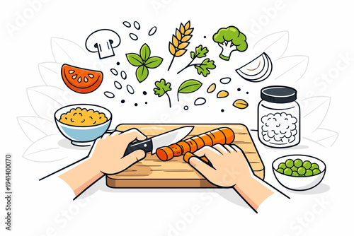 Plant-based meal preparation. Hands chopping fresh vegetables on a clean kitchen board while herbs and grains hover playfully in the air. Calm, wholesome