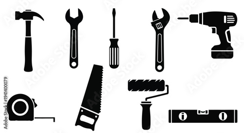 Black silhouettes of various construction and repair tools a striking silhouette