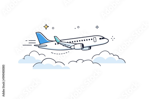 Peaceful flight. An airplane cruising high above the clouds, conveying safety and relaxation. Gentle movement and airy space with minimal details. Minimalist