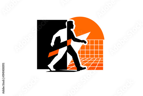 Black and white silhouette of a person stepping forward out of a dark rectangular block, the ?before? side trapped inside a black abstract square, the ?after?