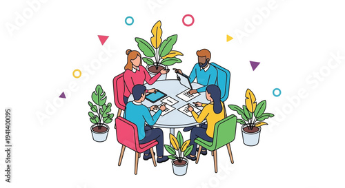 Team meeting around a table with plants colorful isometric silhouette
