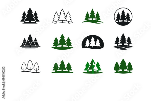 Trees. Icon set. Set Logo of Trees: forest of trees. harmonious logo variations of the same emblematic concept, each with different artistic interpretation