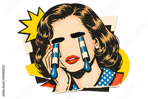 Pop art crying woman without identity, faceless woman close-up in vintage photo style, eyes erased and replaced with empty space, oversized graphic tears made