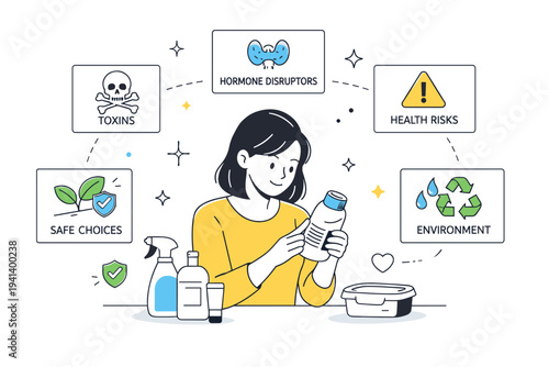 Hormone disruptors in daily life. Calm domestic scene with a person checking labels on household items, focused and mindful posture. Visual metaphor of