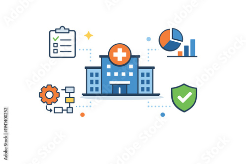 Healthcare operations oversight visualized by a central hospital icon supported by minimal data and process icons, conveying organization, responsibility and